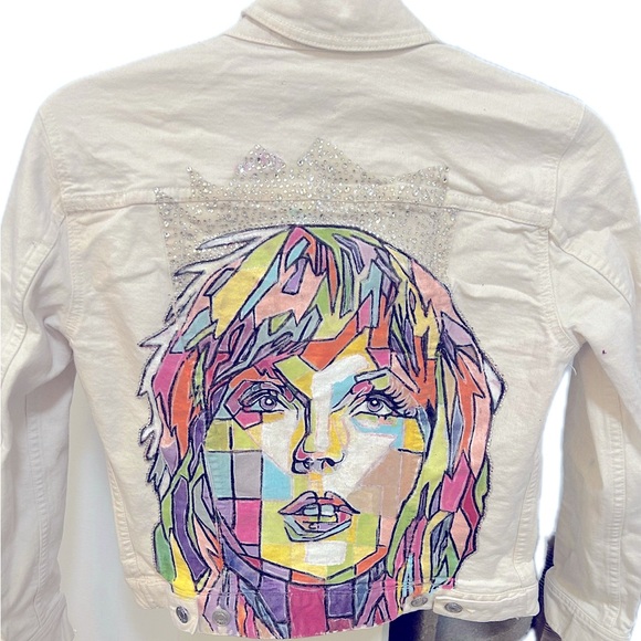 Handmade Jackets & Blazers - Bejeweled Taylor Swift Hand Painted Denim Jacket | Size S | White/Multi